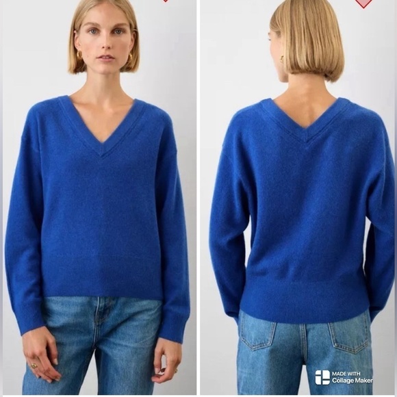 White + Warren 100% cashmere wide v neck sweater in admiral blue NWT - Picture 1 of 5